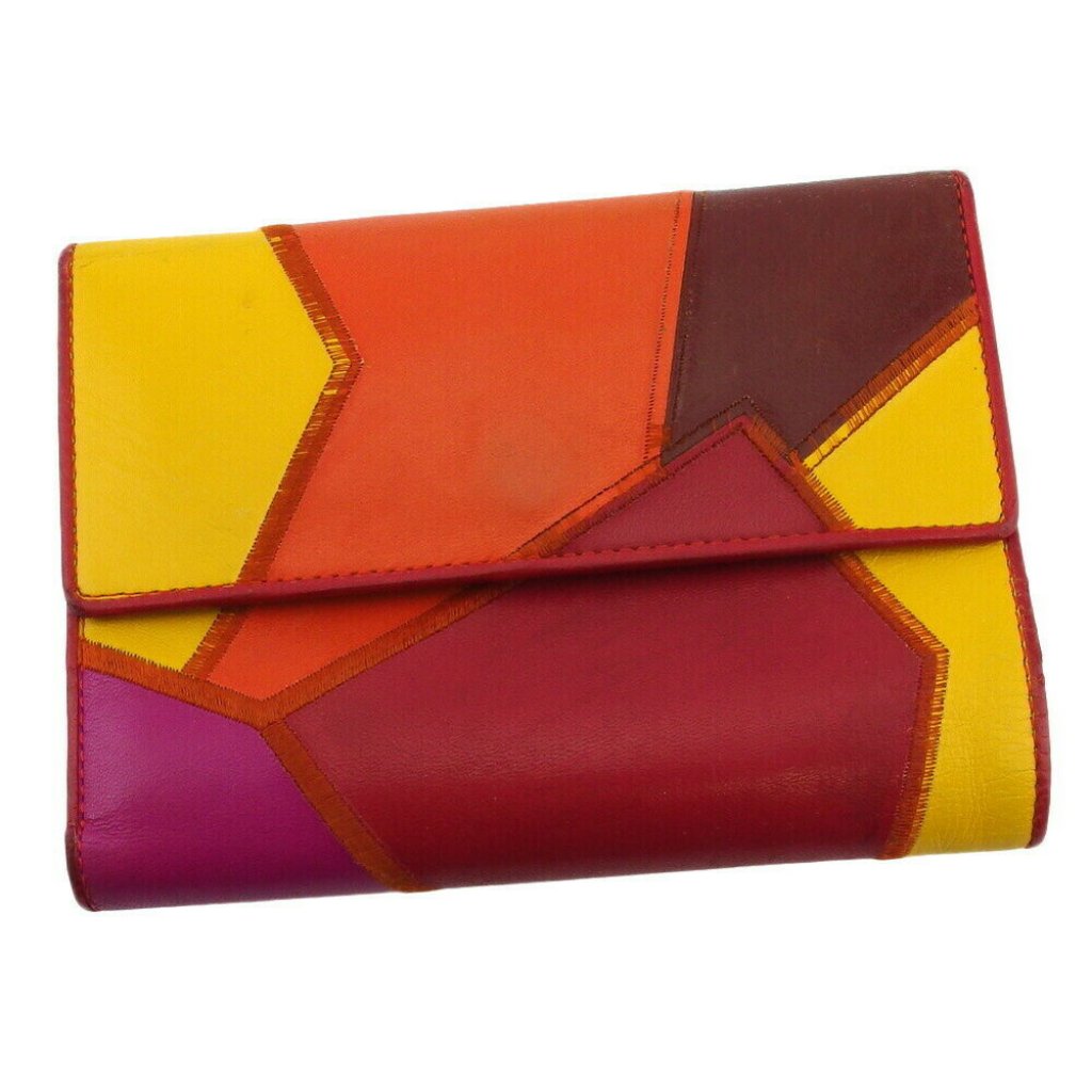 Auth Saint Laurent Tri-Fold Wallet Patchwork Orange Leather